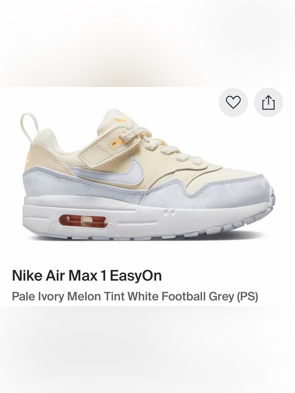Nike Kids Air Max 1 EasyOn Sneakers - Pale Ivory, Melon Tint, Football Grey
